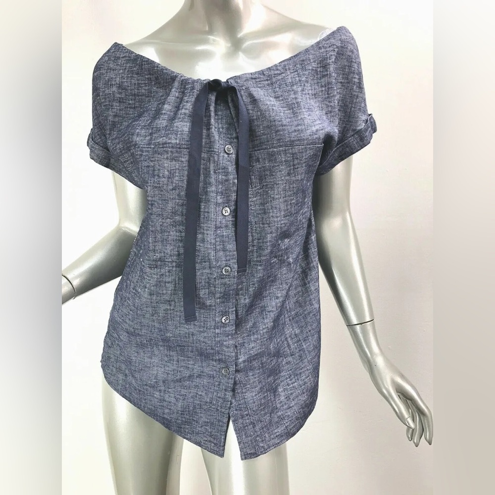THEORY Women’s VELVELA Blouse Tierra Wash Linen Chambray Off Shoulder Top